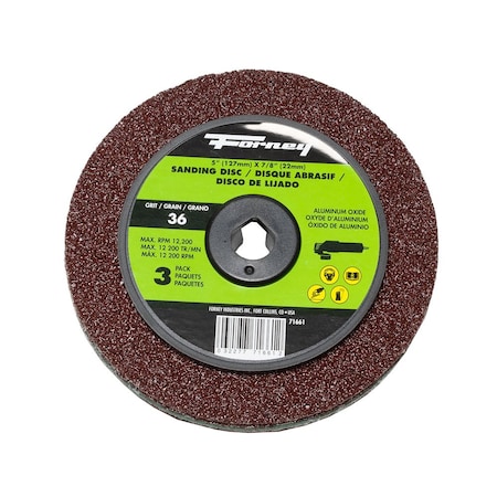 Forney Resin Fibre Sanding Disc, Aluminum Oxide, 5 in x 7/8 in Arbor, 36 Grit 71661